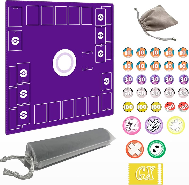Extalas Playmat for Trading Card Game – 2-Player Trainer Mat with Damage Counters and Professional Storage Bag (Purple, Large) - Image 1